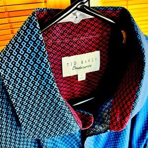 Ted Baker Endurance Mens Button Down Blue w/ Red Geometric Pattern Sz 16